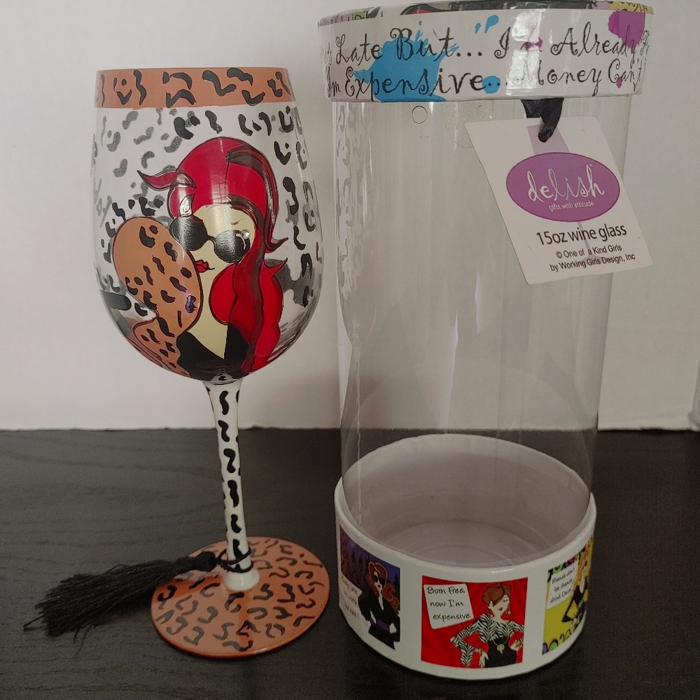Delish FABULOUS Wine Glass, Working Girls Design. Hand Painted, Rhinestones 15oz